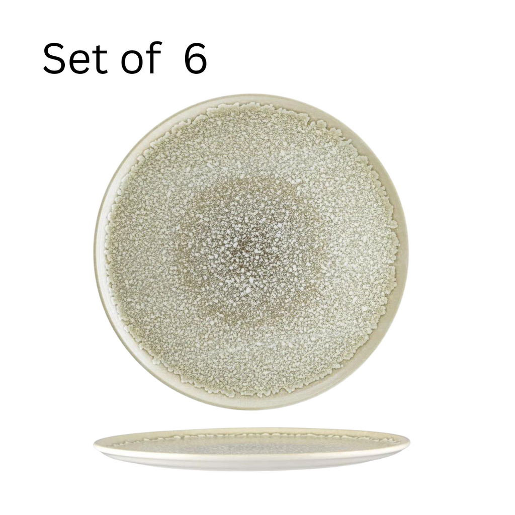 Bonna THAR BLOOM ROUND FLAT PLATTER, a spacious 320x25mm round platter with a natural, rustic feel and a subtle color. This versatile platter is ideal for serving appetizers, desserts, or main courses in a stylish and inviting way. It complements other Bonna tableware for a cohesive table setting.