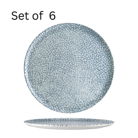 Bonna Mito Denim Round Flat Platter, 320mm diameter and 25mm tall, featuring a cracked design and two-toned color for a stylish presentation of appetizers or desserts.