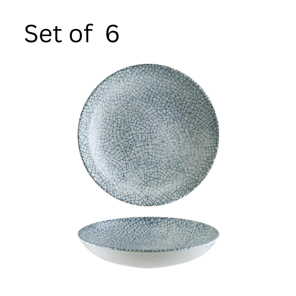 Bonna Mito Denim Round Coupe Bowl, 230mm in diameter and 50mm deep, with a cracked design and two-toned coloring for serving salads, soups, or desserts in a unique way.