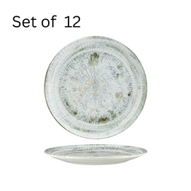 Bonna Odette Olive Round Coupe Plate, a 210mm diameter plate with a rustic design ideal for presenting appetizers, main courses, or desserts. Scratch-resistant glaze ensures long-lasting use.