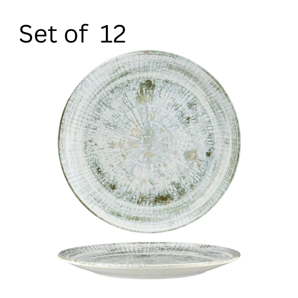 Bonna Odette Olive Round Coupe Plate, a larger 270mm diameter plate with a rustic design, perfect for showcasing main courses or family-style dining. Scratch-resistant glaze ensures durability for professional kitchens or everyday use.