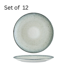 Bonna Maze Round Coupe Plate - 270mm diameter, 30mm depth. This coupe plate features a unique, eye-catching design, adding a touch of elegance to any tabletop presentation. The high-quality glaze ensures a scratch-resistant finish, while the lightweight design makes it easy for staff to handle.