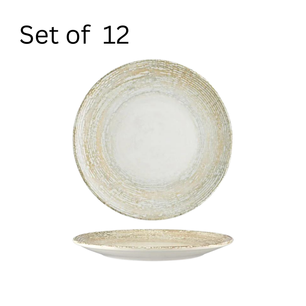 Bonna Patera Round Coupe Plate 210x20mm. Shallow, round plate with a coupe design (slightly sloped sides) ideal for serving appetizers, desserts, or main courses with a sauce. Inspired by golden beaches, the Patera collection offers a touch of elegance for any dining setting.