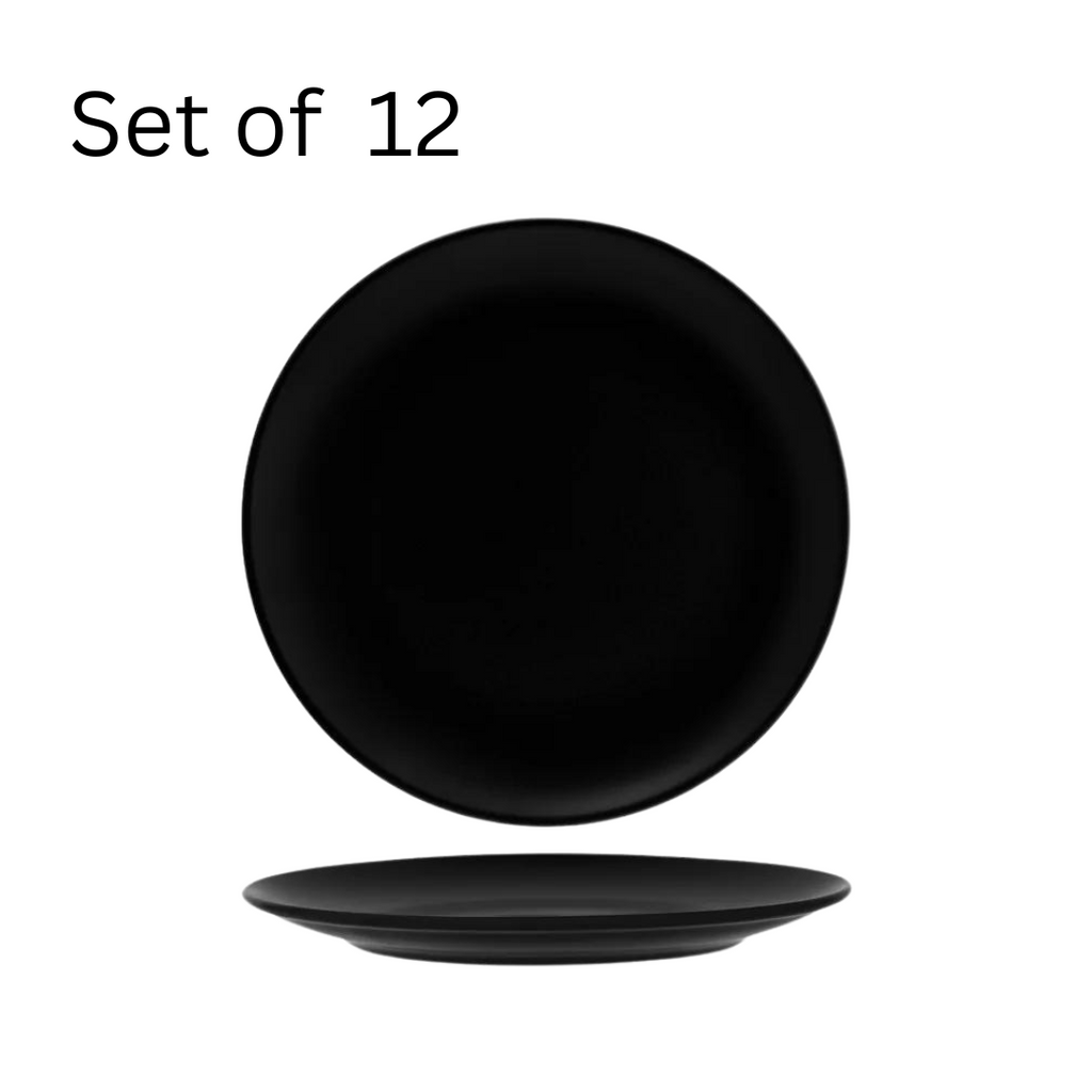 Bonna Notte Round Coupe Plate 270x30mm. Black, coupe-shaped plate inspired by the night sky. At 270mm in diameter with a 30mm depth, this plate offers a unique combination of generous serving space and a modern coupe profile.