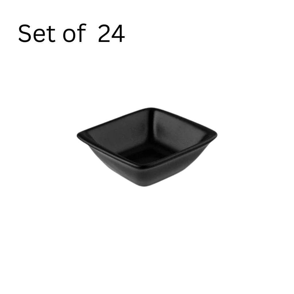 BONNA NOTTE RECT SAUCE DISH 80x85mm. Black porcelain rectangular sauce dish, ideal for serving condiments, dips, or small savory bites. Inspired by the night sky collection.