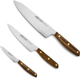 Arcos Nordika 3-Piece Kitchen Knife Set. This eco-friendly set features sharp NITRUM stainless steel blades for precise cutting and comfortable, FSC-certified natural wood handles.