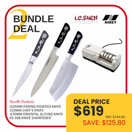 I.O. Shen Bundle Deal 2 -  4 inch paring, 6 inch Slicer, 8 inch Chefs plus Nirey Electric sharpener.