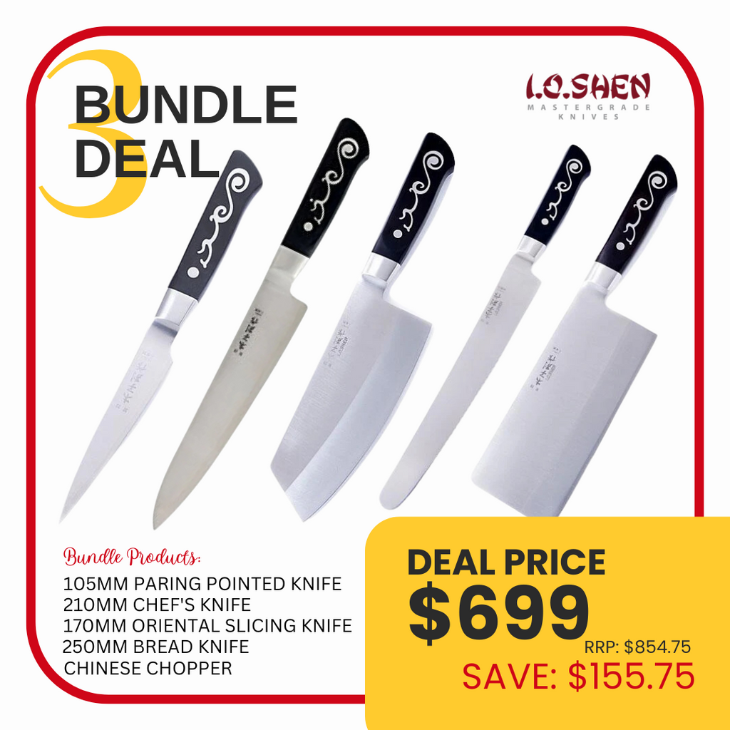 I.O. Shen Bundle Deal 3 - 5 Knives (4 inch  Paring, 6 inch Slicer, 8 inch Chefs, 10 inch bread, Chinese Chopper)