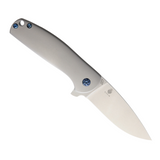 Kizer Cutlery Gemini Framelock, a Pocket Knife featuring a 3.13-inch Stonewash CPM-S35VN Stainless Steel Drop Point Blade and Gray 6Al-4V Titanium Handle.