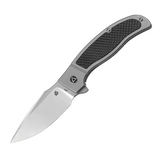 Gray titanium framelock pocket knife with a carbon fiber inlay and a Bohler M390 stainless steel blade