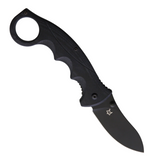 Black G10 handle Fox Kommer Alaska Linerlock pocket knife with a 3-inch black coated Becut steel blade.  This liner lock knife also features a finger ring, thumb stud, and pocket clip.