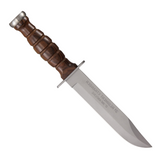 Large pocket knife with 7-inch etched blade and brown wood handle