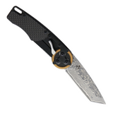 Mantis Gearhead Linerlock Dam CF Pocket Knife. Features a 3-inch Damascus steel tanto blade, lightweight carbon fiber handle, lanyard hole for secure carrying, and a pocket clip for convenient everyday carry.  This knife utilizes a unique gear mechanism for opening.