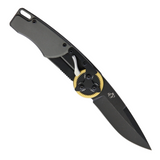 MANTIS GEARHEAD Linerlock Brass DP Pocket Knife. Features a 3-inch stonewash finish 440C stainless steel drop point blade, gray aluminum handle, and opens using a unique gear mechanism.