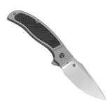 Gray titanium framelock pocket knife with a carbon fiber inlay and a Bohler M390 stainless steel blade