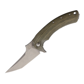 Large Folding Knife FOX GECO Framelock. Features a 3.25-inch stonewash finish Bohler N690 stainless steel blade and green canvas micarta handle with stonewash titanium back handle.