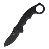 Black G10 handle Fox Kommer Alaska Linerlock pocket knife with a 3-inch black coated Becut steel blade.  This liner lock knife also features a finger ring, thumb stud, and pocket clip.