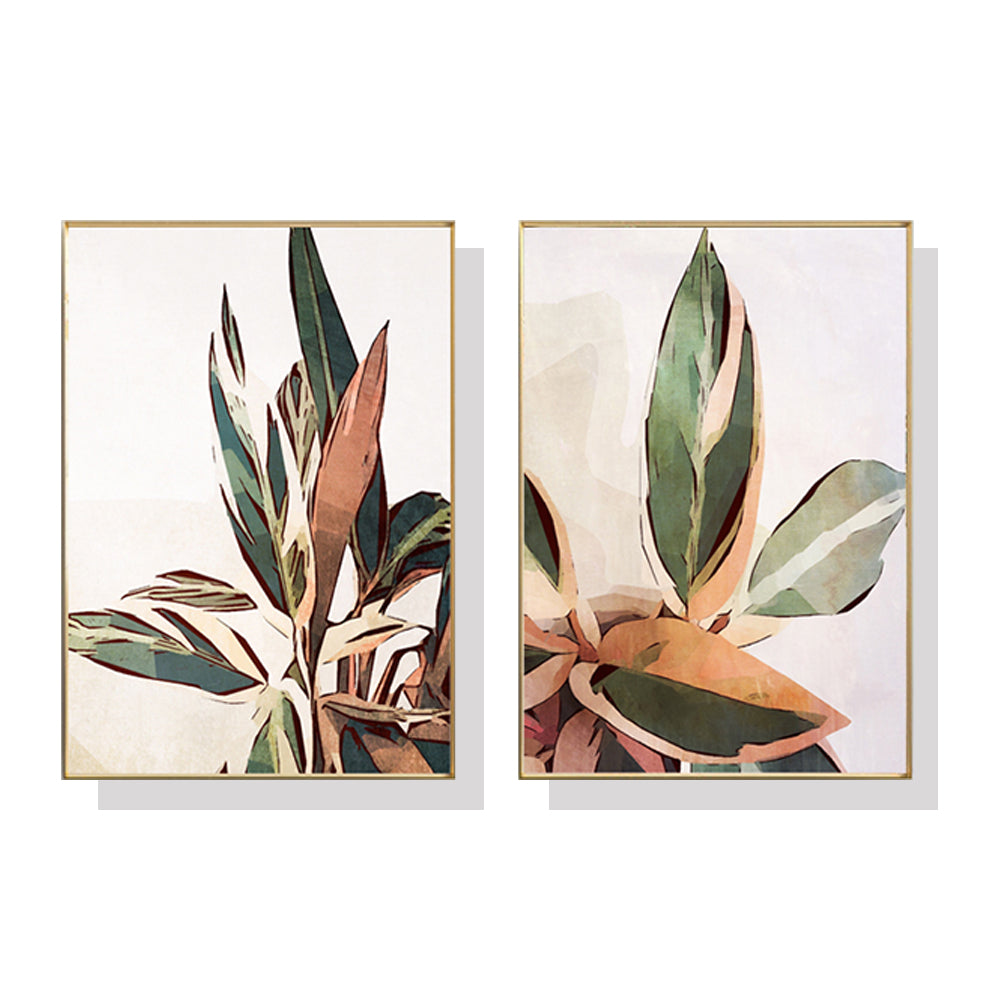 Wall Art 60cmx90cm Botanical Leaves 2 Sets Gold Frame Canvas