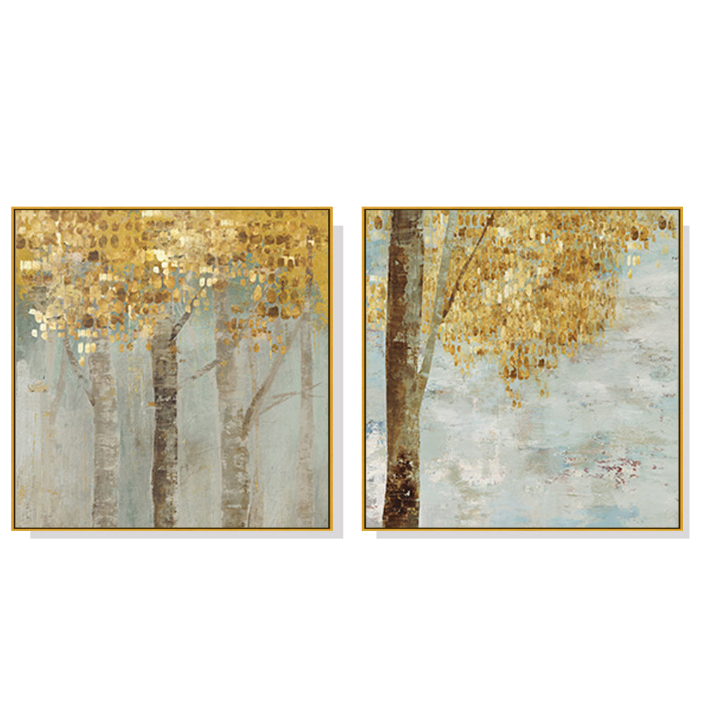 Wall Art 60cmx60cm Golden Leaves 2 Sets Gold Frame Canvas