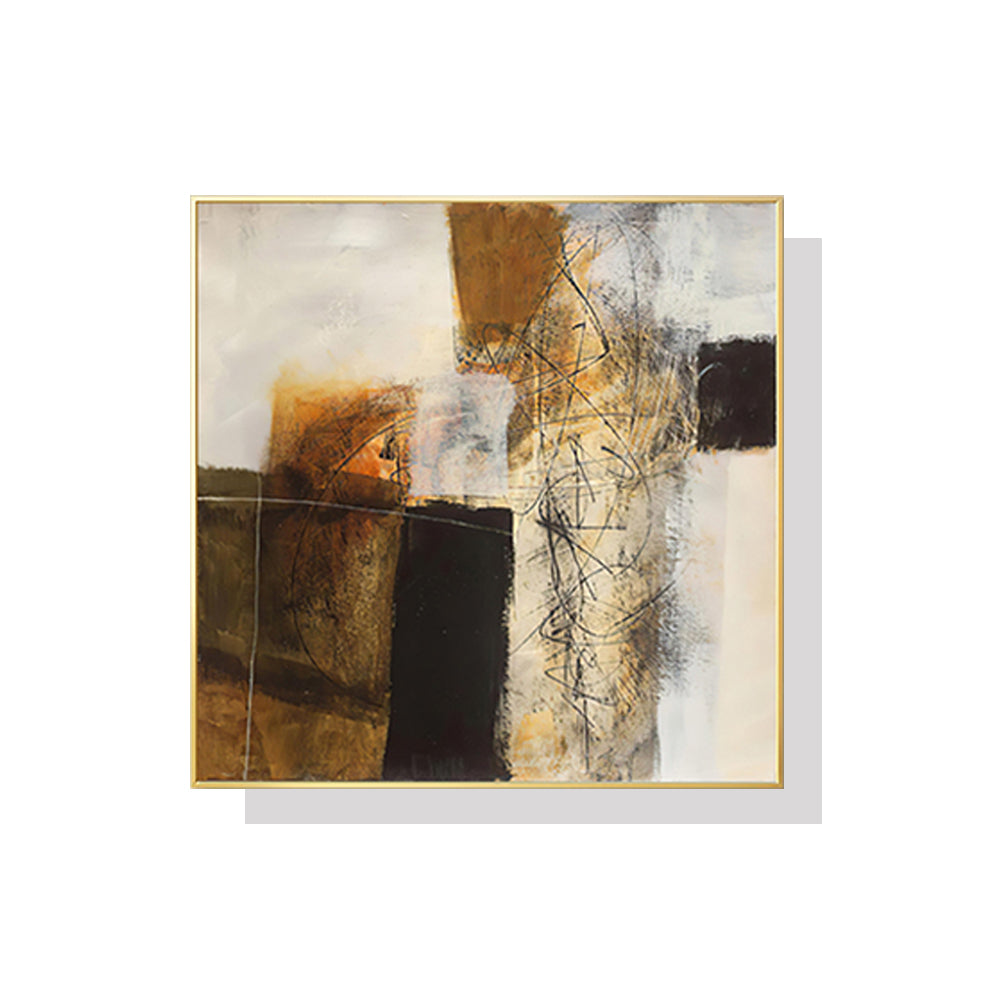 Wall Art 50cmx50cm Abstract gold brown painting style Gold Frame Canvas