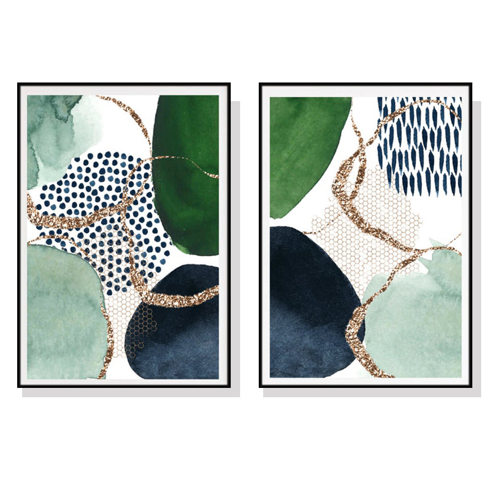 Wall Art 60cmx90cm Abstract Green and Navy 2 Sets Black Frame Canvas