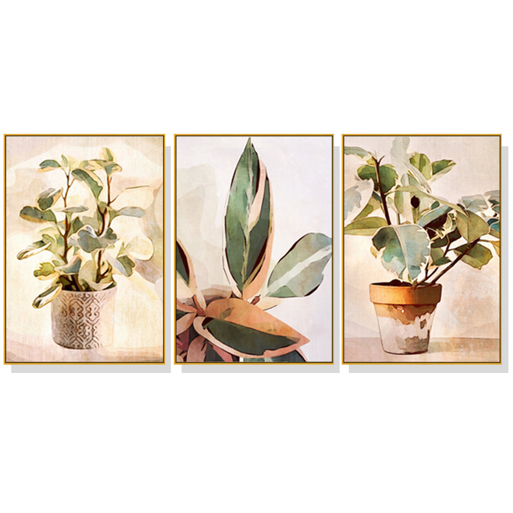 Wall Art 80cmx120cm Botanical Leaves Watercolor Style 3 Sets Gold Frame Canvas