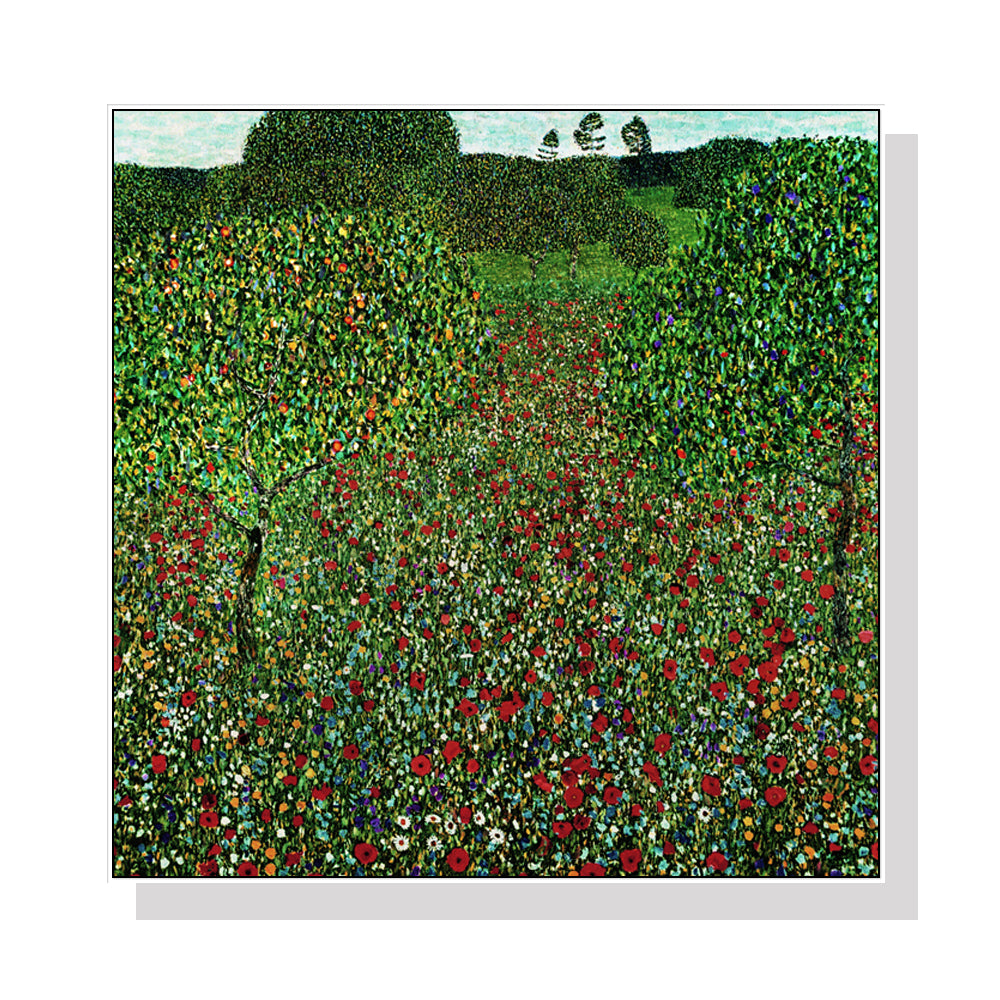 Wall Art 70cmx70cm Field of Poppies by Gustav Klimt White Frame Canvas