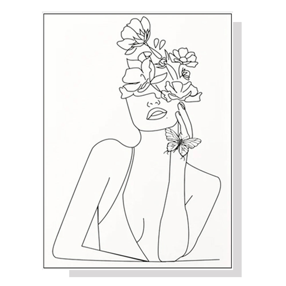 Wall Art 70cmx100cm Line Art Girl White Frame Canvas