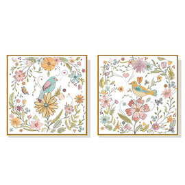 Wall Art 90cmx90cm Floral birds 2 Sets Gold Frame Canvas