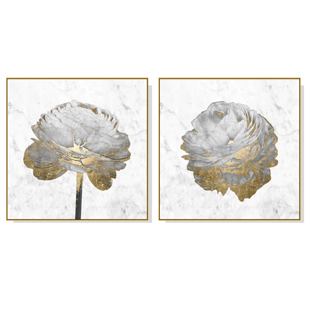 Wall Art 70cmx70cm Gold And White Blossom On White 2 Sets Gold Frame Canvas