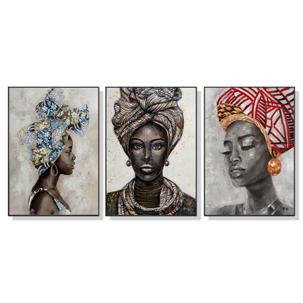 Wall Art 70cmx100cm African women II 3 Sets Black Frame Canvas