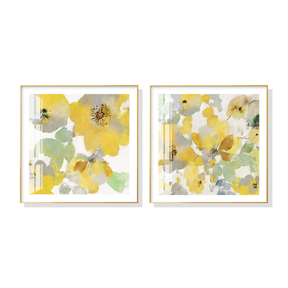 Wall Art 60cmx60cm Yellow Flowers American Style 2 Sets Gold Frame Canvas