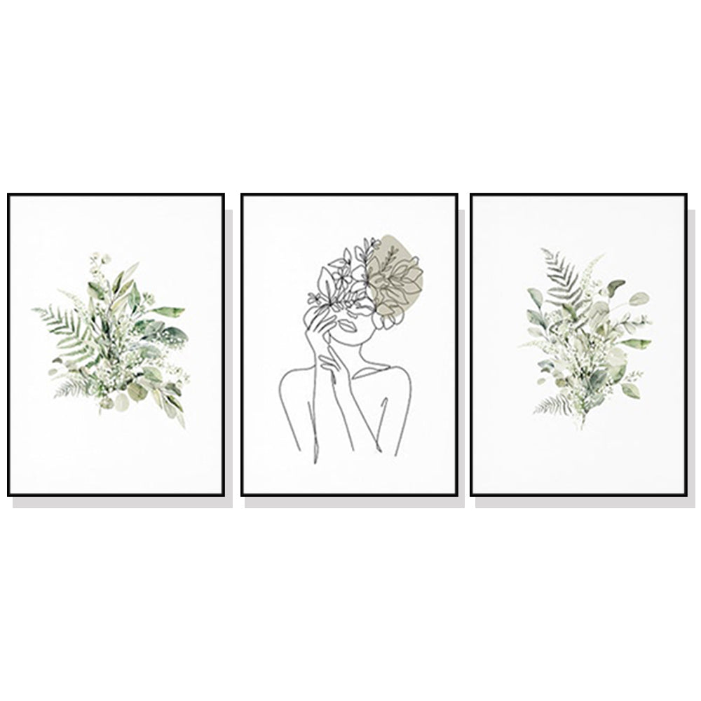 Wall Art 60cmx90cm Botanical Line Girl 3 Sets Black Frame Canvas