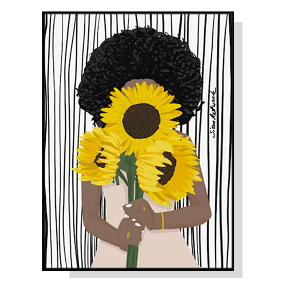 Wall Art 90cmx135cm African Woman Sunflower Black Frame Canvas