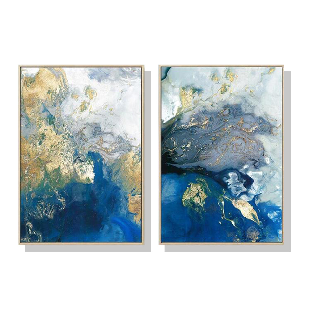 Wall Art 50cmx70cm Marbled Blue And Gold 2 Sets Gold Frame Canvas