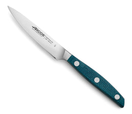 Arcos Brooklyn Paring Knife 100mm. This small knife features a sharp "silk edge" for precise peeling, trimming, and garnishing tasks, with a comfortable blue toned handle for maneuverability.