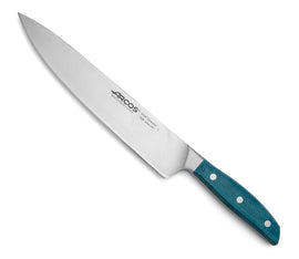 Arcos Brooklyn Chef's Knife 250mm. This large chef's knife boasts a sharp "silk edge" for powerful chopping, slicing, and dicing tasks, with a comfortable blue toned handle for confident handling.