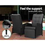 Gardeon Set of 2 Recliner Chairs Sun lounge Outdoor Furniture Setting Patio Wicker Sofa Black