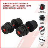 30kg Adjustable Rubber Dumbbell Set Barbell Home GYM Exercise Weights